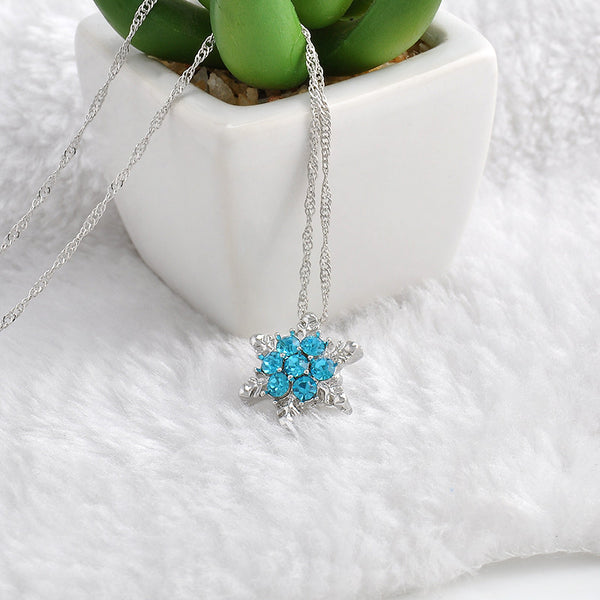 Charm Vintage lady Blue Crystal Snowflake Zircon Flower Silver Necklaces & Pendants for Women