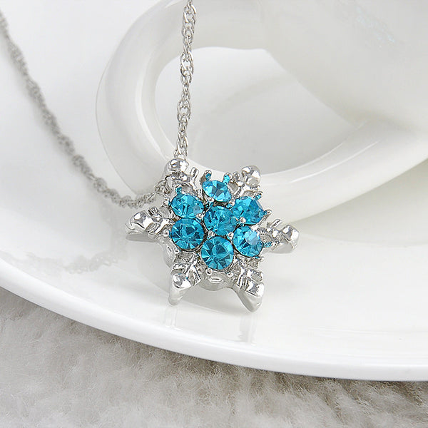 Charm Vintage lady Blue Crystal Snowflake Zircon Flower Silver Necklaces & Pendants for Women