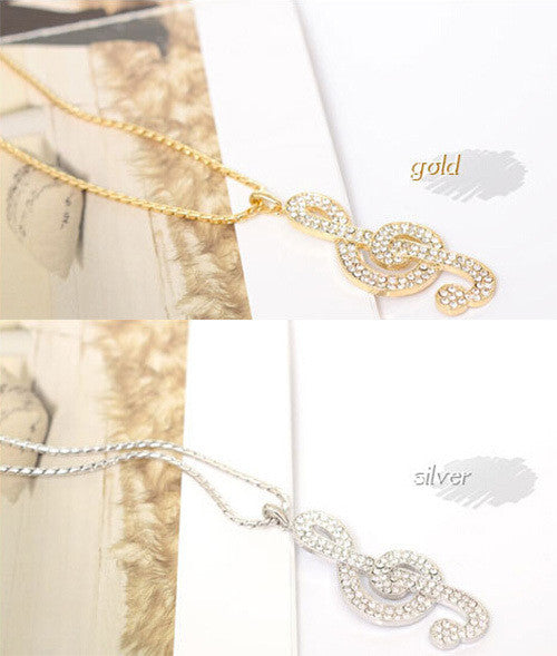 Women Chic Rhinestone Rhythm Pendants Music Note Long Chain Sweater Necklace