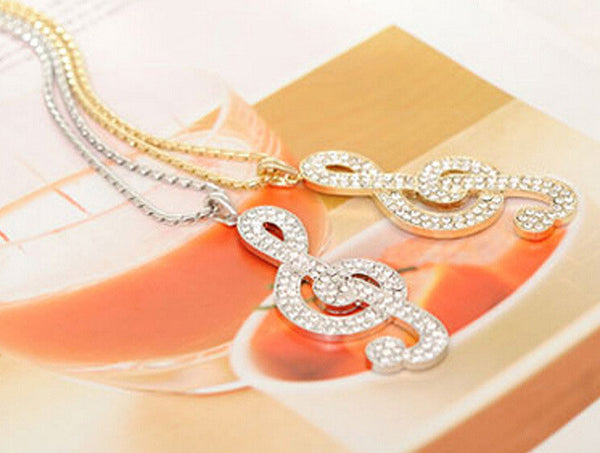Women Chic Rhinestone Rhythm Pendants Music Note Long Chain Sweater Necklace