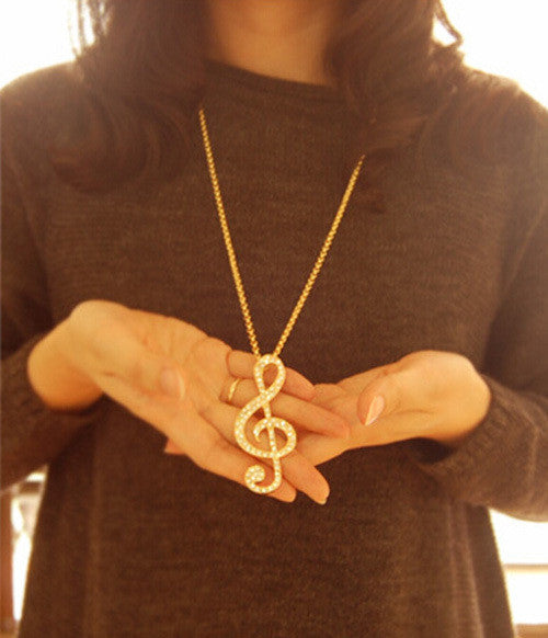Women Chic Rhinestone Rhythm Pendants Music Note Long Chain Sweater Necklace