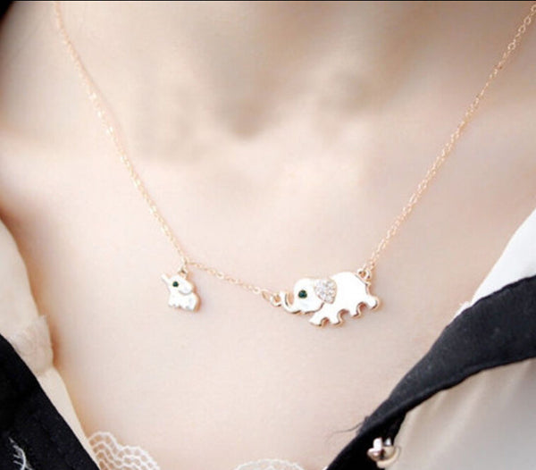 Cute Elephant Family Stroll Design Fashion Women Charming Crystal Chain Necklace Chocker