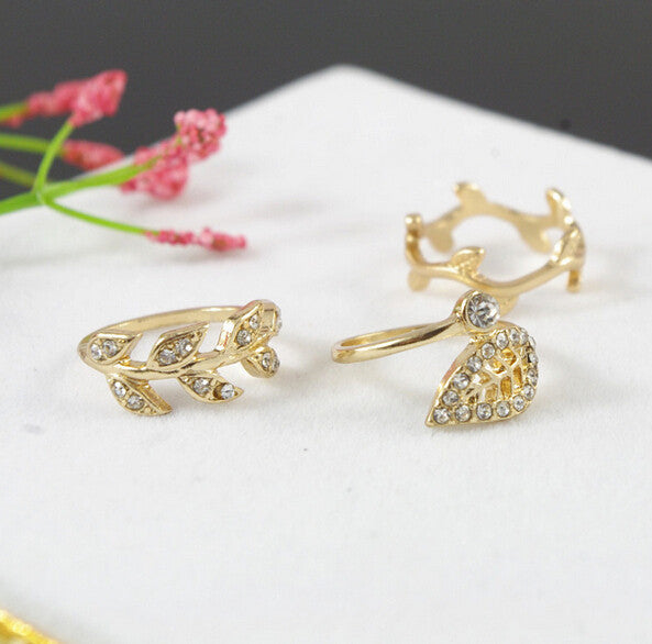 2017 New Cute Sweet Style Crystal Rhinestone 3pcs\set Leaf  Crown Cross Midi Knuckle Finger Joint Rings women
