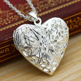 Photo Inside Fashion Women Hollow Sliver Heart  Pendant Long Chain Necklace Sweater