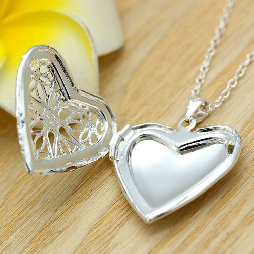 Photo Inside Fashion Women Hollow Sliver Heart  Pendant Long Chain Necklace Sweater