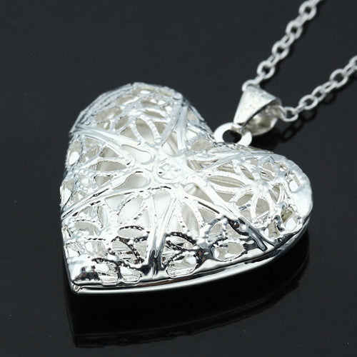 Photo Inside Fashion Women Hollow Sliver Heart  Pendant Long Chain Necklace Sweater