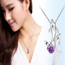 Cute 2 Dolphins Family Stroll Design Pendant Necklaces Women Charming Crystal