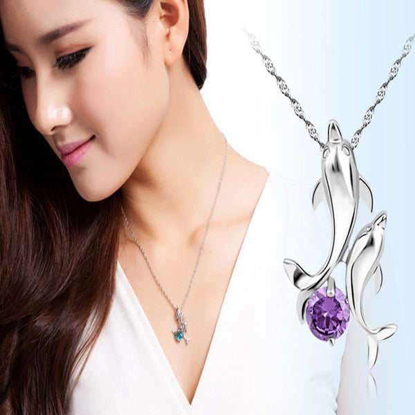 Cute 2 Dolphins Family Stroll Design Pendant Necklaces Women Charming Crystal