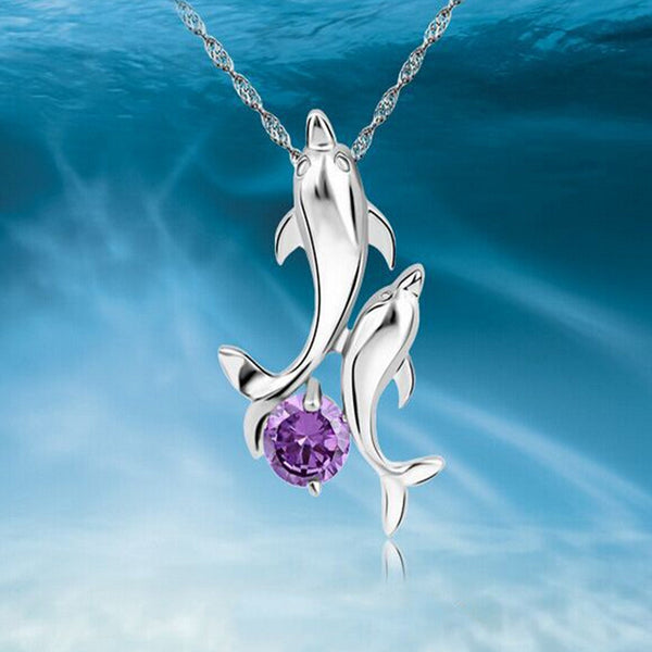 Cute 2 Dolphins Family Stroll Design Pendant Necklaces Women Charming Crystal