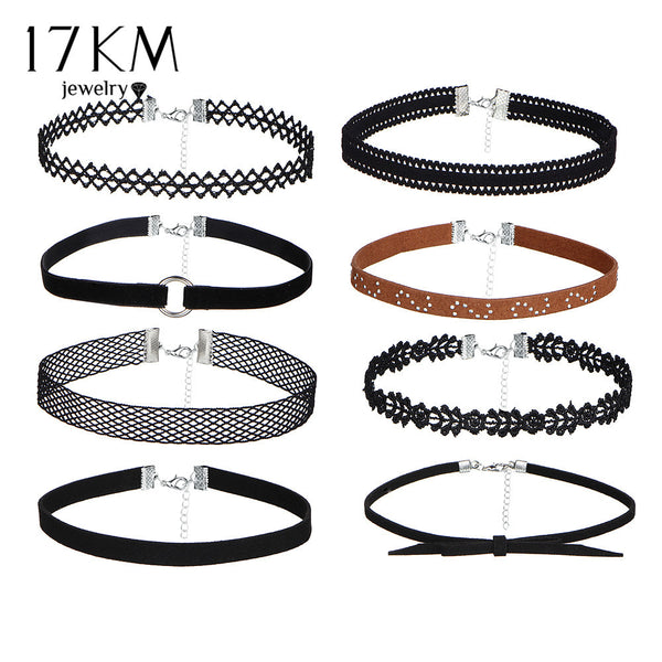 17KM 8 PCS/Set PU Leather Choker Necklaces Set for Women Steampunk Collar Lace Necklace Jewelry Gothic Tattoo