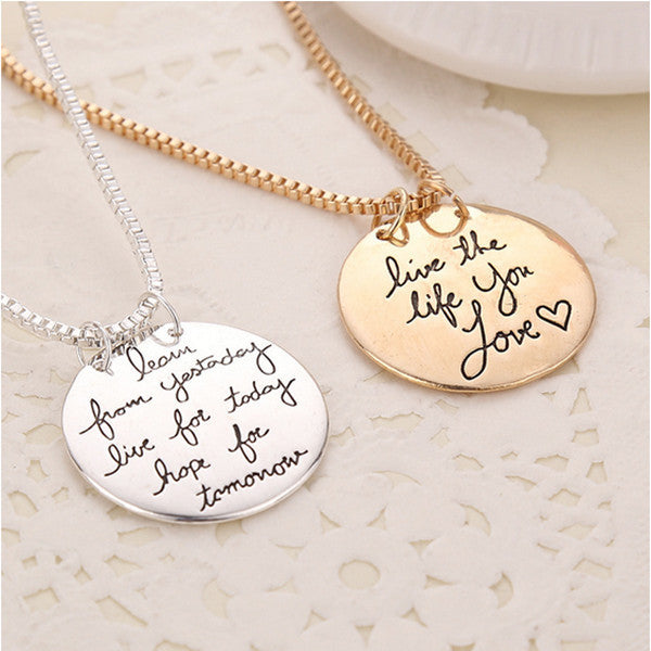 2017 New Fashion Jewelry "Learn From Yesterday,Live For Today, Hope For Tomorrow" Letter Pendant Necklace Gift