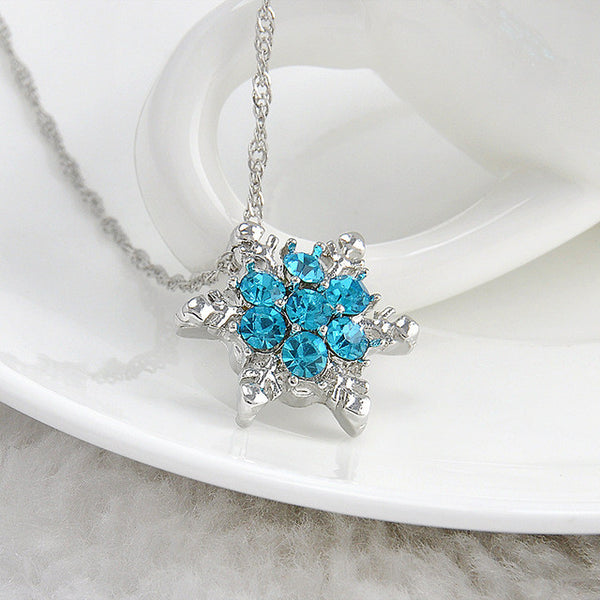 Charm Vintage lady Blue Crystal Snowflake Zircon Flower Silver Necklaces & Pendants for Women