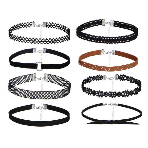 17KM 8 PCS/Set PU Leather Choker Necklaces Set for Women Steampunk Collar Lace Necklace Jewelry Gothic Tattoo