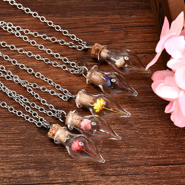 New Fashion Dry Flower Inside Lucky Glass Wishing Bottle Pendant Necklace for Women