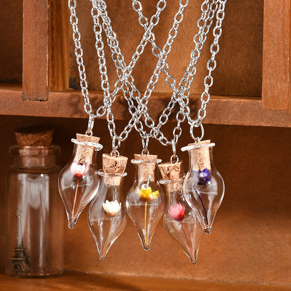 New Fashion Dry Flower Inside Lucky Glass Wishing Bottle Pendant Necklace for Women