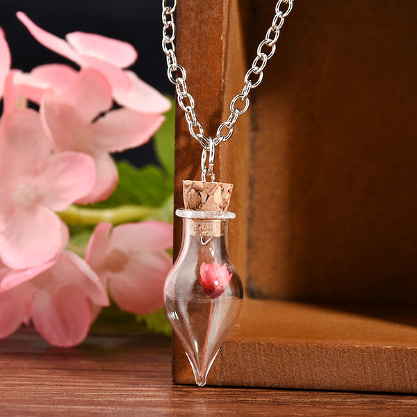 New Fashion Dry Flower Inside Lucky Glass Wishing Bottle Pendant Necklace for Women