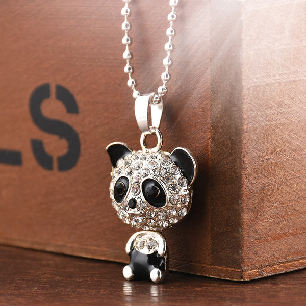 Pretty Enamel Rhinestone Panda Pendant Necklace Women Crystal Accessories