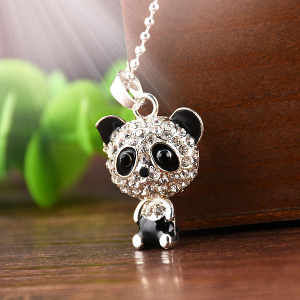 Pretty Enamel Rhinestone Panda Pendant Necklace Women Crystal Accessories