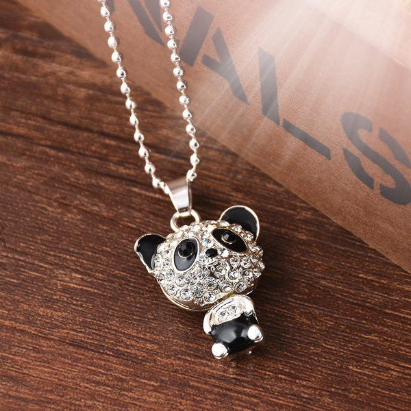 Pretty Enamel Rhinestone Panda Pendant Necklace Women Crystal Accessories