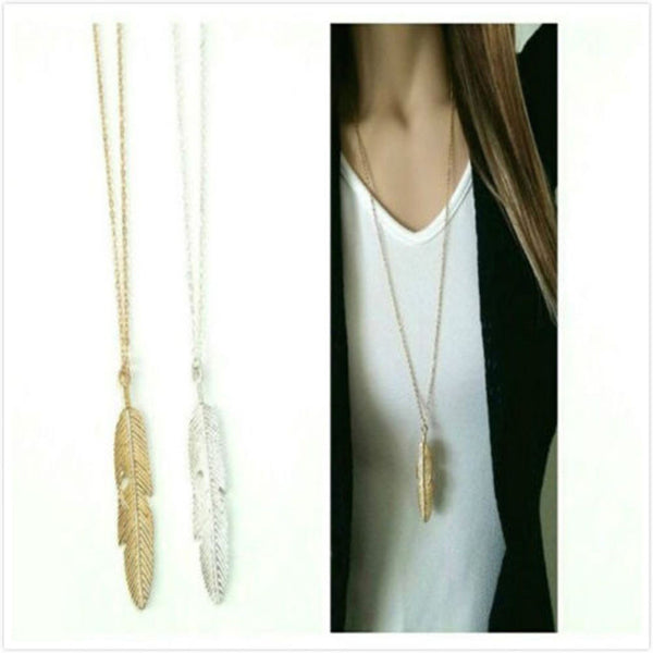 Boho Style Feather Tassels Pendant Necklace Silver and Gold Color Alloy Girl
