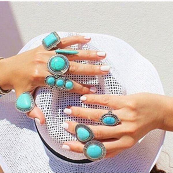 Bohemian Style Vintage Palace Anti Silver Heart blue stone Rings Lucky Rings for Women Party