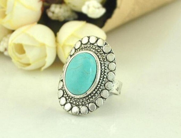 Bohemian Style Vintage Palace Anti Silver Heart blue stone Rings Lucky Rings for Women Party