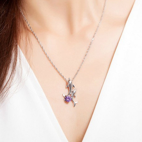 Cute 2 Dolphins Family Stroll Design Pendant Necklaces Women Charming Crystal