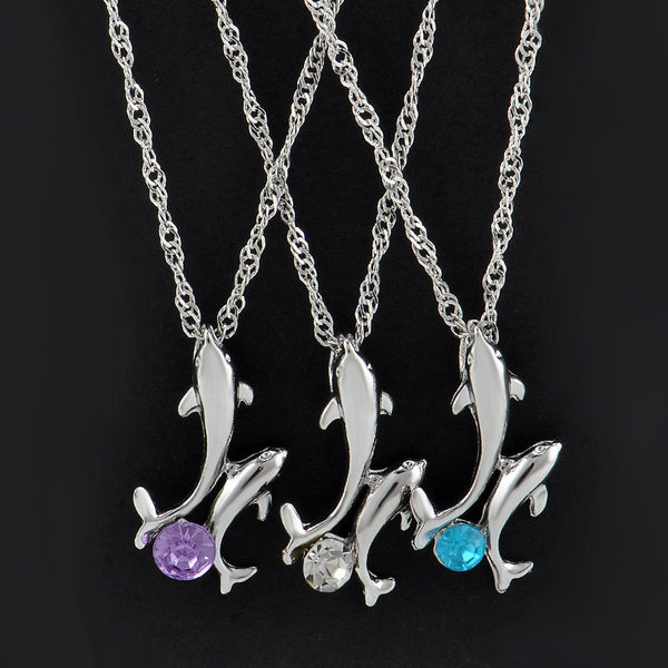 Cute 2 Dolphins Family Stroll Design Pendant Necklaces Women Charming Crystal