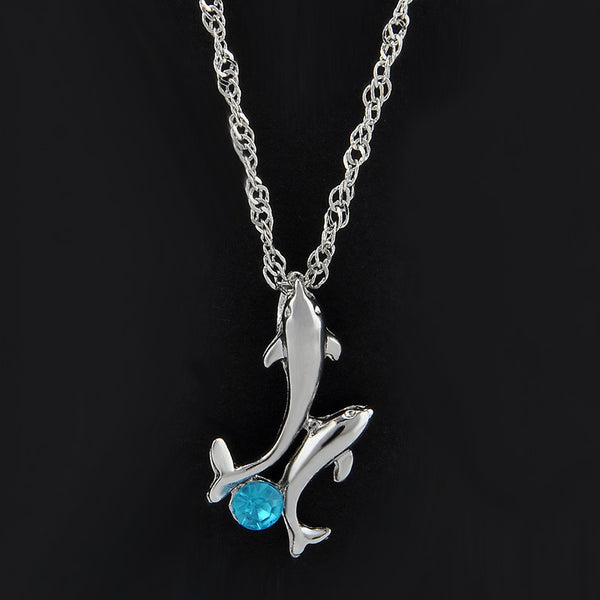 Cute 2 Dolphins Family Stroll Design Pendant Necklaces Women Charming Crystal