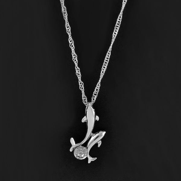 Cute 2 Dolphins Family Stroll Design Pendant Necklaces Women Charming Crystal