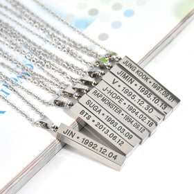 Hot BTS Members Name Date Cuboid Bar Pendant Necklace Fashion Jewelry