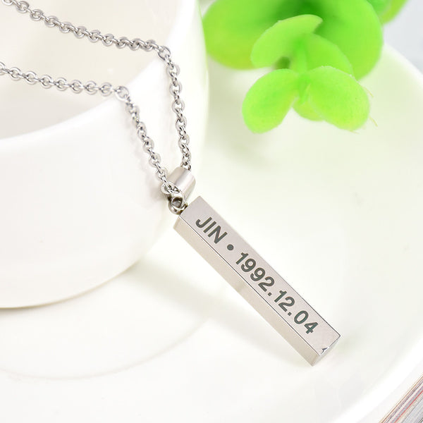 Hot BTS Members Name Date Cuboid Bar Pendant Necklace Fashion Jewelry