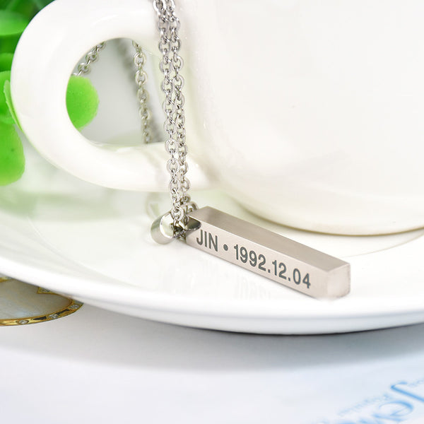 Hot BTS Members Name Date Cuboid Bar Pendant Necklace Fashion Jewelry