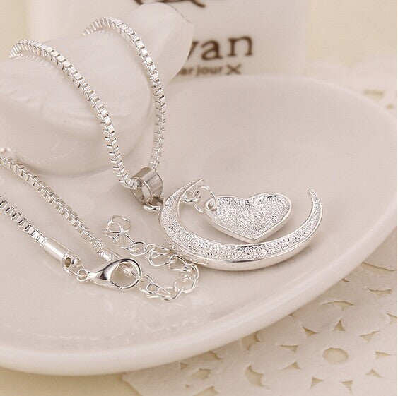 Hot Sale Polish Moon Heart With I love You Letter Pendant Necklace Women