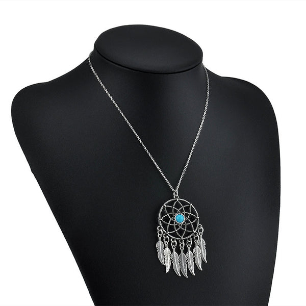 Vintage Korea Dream Catcher Leaves Pendant necklace Silver Plated Alloy Girl