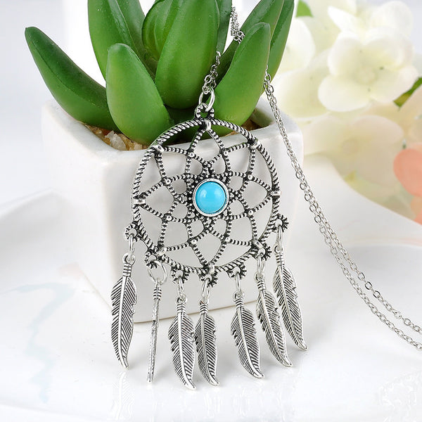 Vintage Korea Dream Catcher Leaves Pendant necklace Silver Plated Alloy Girl