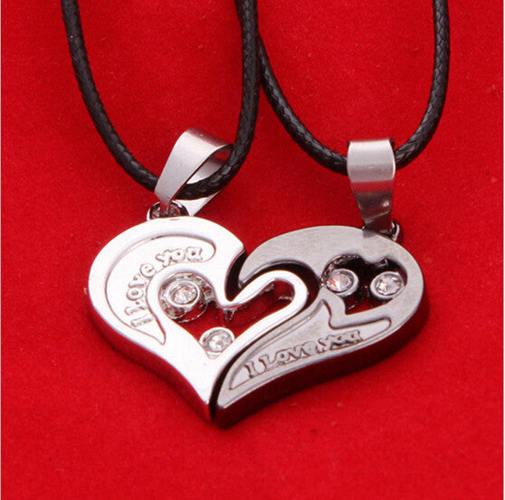 2 pcs Charming Splice Rhinstone Heart Pendant Lovers' Letter Necklace Women Gifts silver black Pick