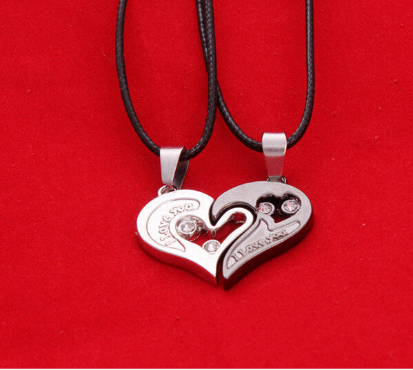 2 pcs Charming Splice Rhinstone Heart Pendant Lovers' Letter Necklace Women Gifts silver black Pick
