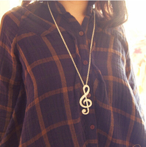 Women Chic Rhinestone Rhythm Pendants Music Note Long Chain Sweater Necklace