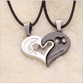 2 pcs Charming Splice Rhinstone Heart Pendant Lovers' Letter Necklace Women Gifts silver black Pick