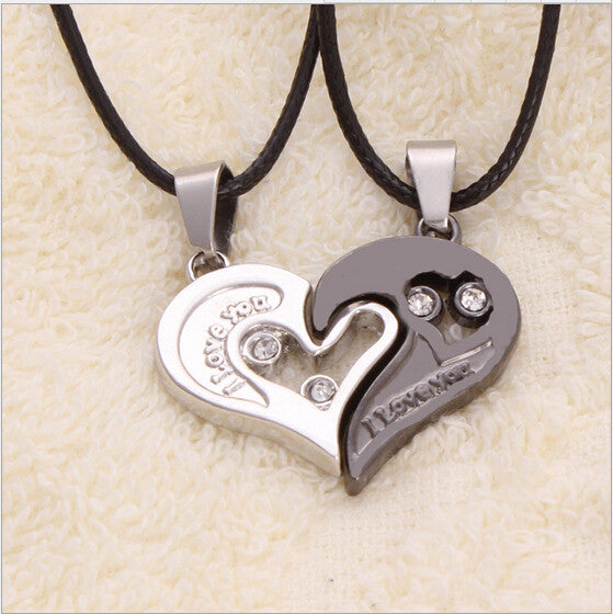 2 pcs Charming Splice Rhinstone Heart Pendant Lovers' Letter Necklace Women Gifts silver black Pick