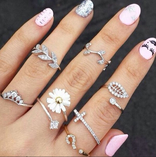 2017 New Cute Sweet Style Crystal Rhinestone 3pcs\set Leaf  Crown Cross Midi Knuckle Finger Joint Rings women